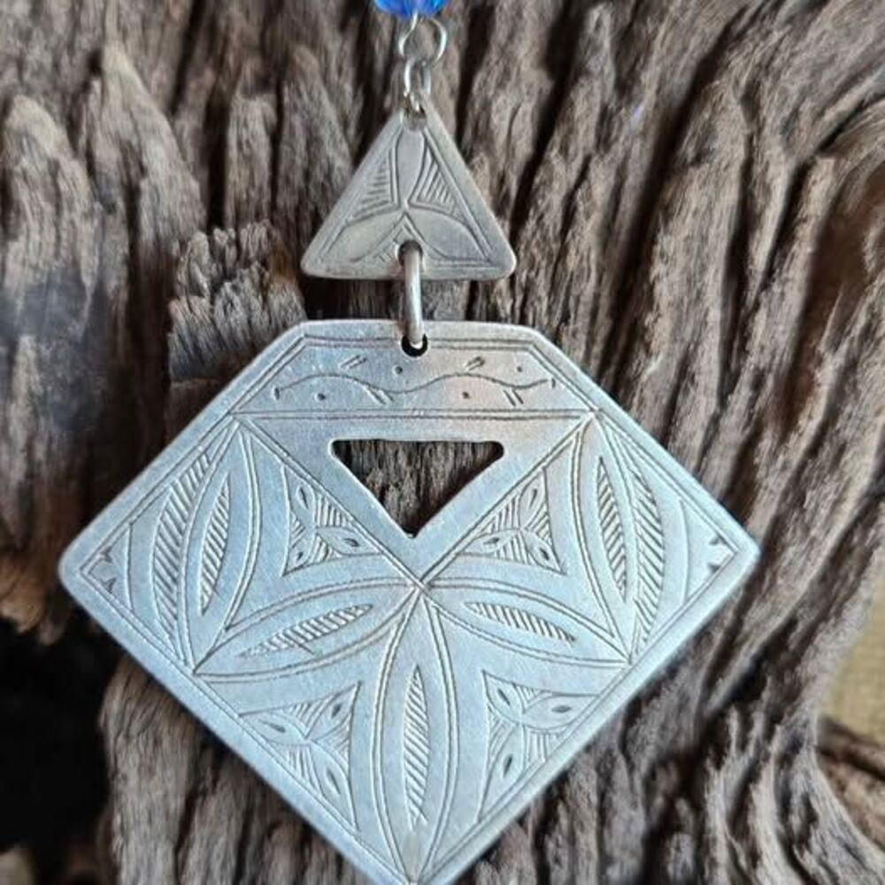 Boho Geometric Pendant Necklace | Silver Tone Engraved Pendant Turquoise Beads